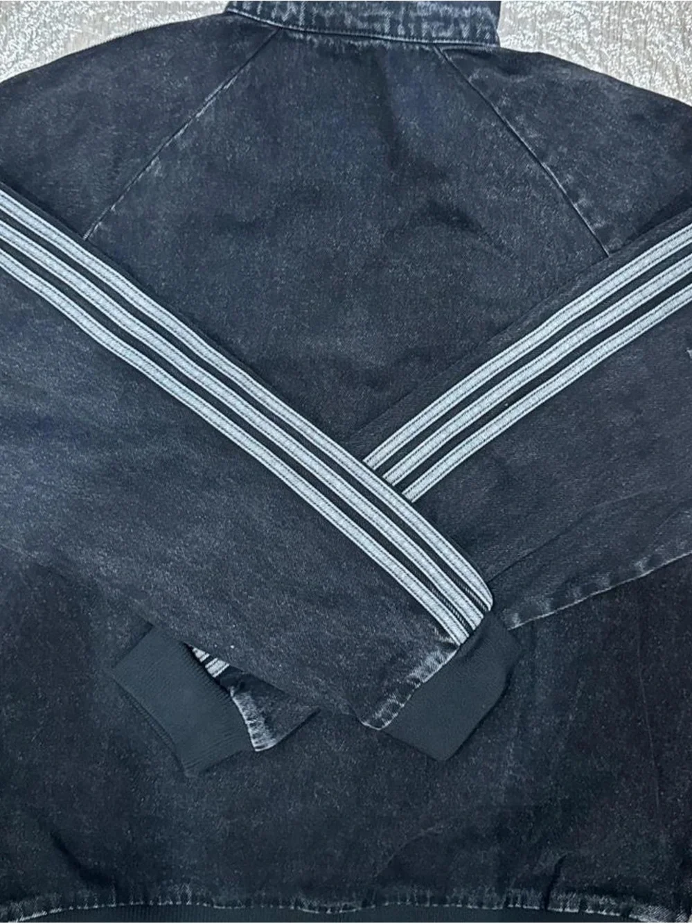 Brand New adidas Japan Black Washed Denim-Look Track Jacket with Gray Stripes